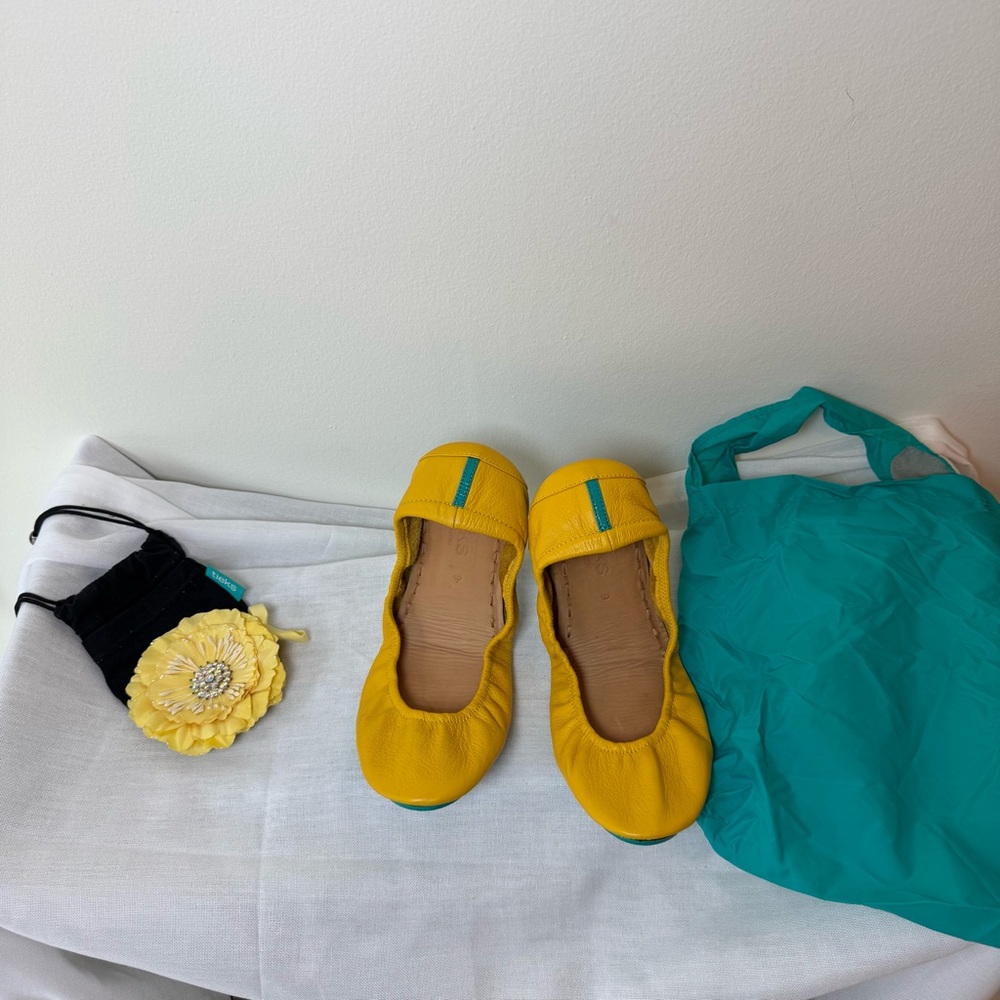 Tieks Yellow Flats with Elastic Trim and Foldable Design With A Box And Flower - Picture 3 of 13